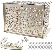 Auto-plaza Wooden Wedding Card Hollow Gift Case Box with Lock Baby Showers Birthdays Decoration 31x23.5x22.5cm (Natural Color)