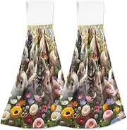 RPLIFE Bathroom Towel with Hanging Loop, Soft Quick Dry Hand Towel with Loop Kids, 18.2 x 14 Inch, Set of 2, Cute Easter Rabbits Flowers