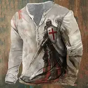 Men's Knights Templar Christian T shirt Henley Shirt Long Sleeve 3D Print Designer Retro Vintage Street Casual Daily Summer Spring Fall White Khaki Henley Henl