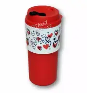 Tupperware Tumbler Eco To Go Cup Hot or Cold Sleeve 16 oz. Red Pink Hearts ❤️