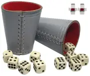 Genuine Leather Compact Dice Cups Grey Red + (10) 16mm Ivory Pip Dice Bundle