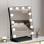 Hollywood Mirror, Vanity Makeup Mirror with 12 Dimmable LED Bulbs, Touch Control, 360° Rotation, 3 Color Modes, USB, Large Vanity Mirror with Lights for Dressing Room & Bedroom(43x34cm Black)