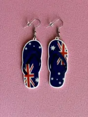 Pair of Thongs Aussie Flag Australia Day Dangle Earrings, Surgical Steel Hooks