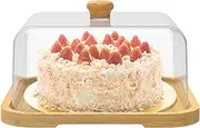Cake Stand with Acrylic Dome Lid, Rotating Wood Cake Holder, 2 in 1 Dessert Table Display Set, Round Shatterproof Cake Plate, Multifunctional Decorative Cake Display Tray for Veggie Fruit Chips