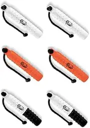 HuntEmUp Tri-Pack (6) 2 inch Plastic Bumpers with Throw Ropes - Weighted Dog Retrieving Dummies - 2 White, 2 Orange, and 2 B/W