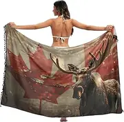 [XYMZR] Women's Sarong Swimsuit Coverups Flag Canadian Moose Red Chiffon Bikini Wraps Skirt with Tassels L