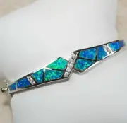 Australian Opal Inlay & Topaz 925 Solid Sterling Silver Bangle Bracelet OX2