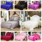 Solid Pure Silk Satin Fitted Sheet+Flat Sheet Set Queen King Size Bed Pillowcase