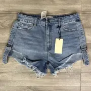 NWT Uniq by Litz Medium Wash High Rise Cuffed Frayed Hem Jean Shorts sz Large