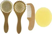 VICASKY 4-Piece Baby Hair Brush Comb Set Soft Wool Brush Wooden Comb Newborn Care Gentle Scalp Massage