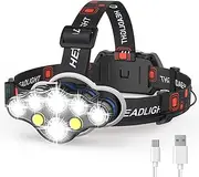 Rechargeable Headlamp,20000 High Lumen Bright 8 LED Head Lamp with Red White Light, IPX4 Waterproof Headlight,8 Mode Head Flashlight for Outdoor Running Hunting Fishing Hiking Camping Gear