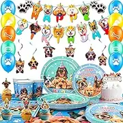 Puppy Birthday Party Supplies for Kids,16 guests Dog Theme Birthday Party Supplies & Tableware Set Dog Party Plates Cups Napkins Tablecloth Banner Balloon Cake Topper etc Puppy Themed Party Supplies