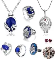 [YouU] 28 pcs The Vampire Jewelry Sticker Set Elena Gilbert Opening Vervain Locket Pendant Necklace Sapphire Crystal Daylight Family Crest Rings Diamond Stud Earrings, Zinc, No Gemstone