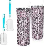 meekoo 2 Pack Bling Cups Leopard Rhinestones Tumbler Glitter Water Bottle 20 oz Stainless Steel Bling Tumbler with Lid and Straw for Women Coffee Tea (Pink)