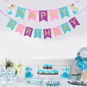 Mermaid Happy Birthday Banner Swallowtail Skirt Pull Flag Colorful Felt Bunting