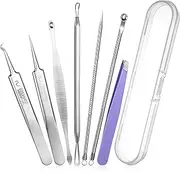 7 PCS Stainless Steel Acne Tools Kit, Portable Comedone Extractor, Professional Blackhead Remover Tool for Face- Blackhead, Acnes, Whiteheads Nose Face with Leather Bag (with Case)