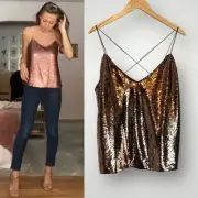 ASOS Design Sequin Cami Top Women Size 14 Spaghetti Strap Rose Gold V Neck Lined