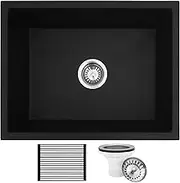 MILOSEN Kitchen Sink 59x45cm Black, Single Bowl Kitchen Sinks Quartz, Granite Stone Kitchen Sinks Undermount, Laundry Kitchen Sink Basin, Black Sink with Waste Strainer and Roll-up Drying Rack