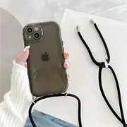 Black Cross Clear Cloth Strap Cord Chain Phone Case for iPhone 16 15 13 12 Pro Max XR 11 14 Plus with Lanyard Rope Cover,Black,for 12 Pro