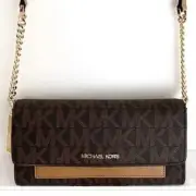MICHAEL KORS Jet Set Wallet Crossbody Leather Chain Strap Pale Peanut