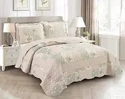 Brilliant Sunshine Traditional Rose and Sage Patchwork Quilt Set - 3-Piece With 2 Shams, Reversible Bedspread, Lightweight Coverlet, All-Season, Full/Queen