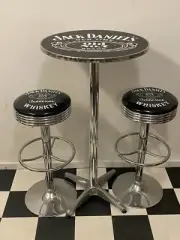 JACK DANIELS PREMIUM BAR STOOLS X 2 AND TABLE ADJ HEIGHT