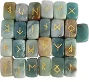 Natural Rune Stones Set, Polished Engraved Elder Futhark Alphabet Magic Lettering Crystal for Meditation Divination Healing Chakra,Amazonite
