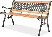 vidaXL Brown Wooden Garden Bench with Decorative PVC Backrest and Wrought Iron Frame - Outdoor Patio Furniture (122 x 51 x 73 cm)