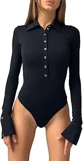 [Eosnow] Slim Women Long Sleeve Bodysuit with Lapel V Neck, Snap Buttons Onesie for Club Party Look (Black)