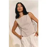 Sand Woven Open Tie Side Long Top, Sand