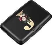 [Simikol] Hard Shell Card Holder Initail Letter Rose Flower Credit Card Case RFID Blocking Mini Wallet for Women and Girls, Letter J, J