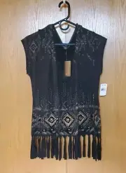 NWT Miss Me Southwestern Fringe Rhinestone Design Studded Top Black Size Medium