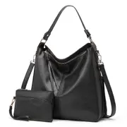 2Pcs/Set Women Handbag PU Leather Women Shoulder Bags Women Messenger Bag Ladies Casual Bag with Purse,Black