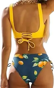 [Generic] Women's Bikini Set V-Neck Bikini Top Hanging Neck Swimwear High Waist Bikini Bottom Two Piece Swimsuit