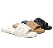 EVERAU® Women Leather Woven Flat Slides Bolita - Black / AU Ladies 8 / AU Men 6 / EU 39