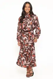 [PUP4] Demire Long Sleeve Midi Dress - Brown Multi 6 Multi