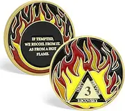 Sobriety Coin Month Sober Anniversary Golden Flames Recovery token NA OA, AA Recovery Medallion Chip Great Sobriety Gifts for Men Women Alcoholics Anonymous Plastic Round Case Included (3 Years)