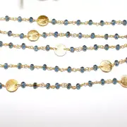 3mm London Blue Topaz Coin Disc Beads, 24K Gold Rosary Chain, Faceted Gemstone