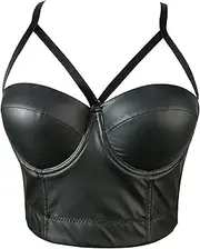 [VEENDEO] Women's Straps PU Leather Bustier Crop Top Push Up Corset Top Bra for Club Party Racer Sports
