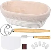 Bread Proofing Basket Set, 10" Oval Bread Proofing Basket, Sourdough Bread Making Tools Kit with Dough Whisk, Dough Scraper, Bread Lame and Blades for Bread Baking, Gifts for Bread Bakers