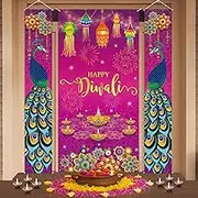 3 Pcs Happy Diwali Porch Door Banner, Indian Diwali Peacock Front Porch Door Cover, Deepawali Festival of Lights Porch Door Backdrop Hanging Decorations for Indian Light Festival Party Supplies