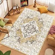 UZU 160x230cm Machine Washable Area Rug for Living Room and Bedroom Non-Slip Vintage Boho Faux Cashmere Carpet Indoor Large Durable Soft Floor Mat Low Pile Rugs with Anti-Slip Backing - Home Decor