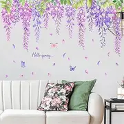 Purple Hanging Vine Butterfly Wall Stickers, sacinora Floral Art Green Plants Spring Wall Decals Removable Vinyl Peel and Stick for Living Room Bedroom Children's Room Sofa TV Background Decorations
