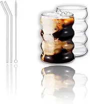 Set of 2 Elegant Glass Drinking Cups with Built-in Straws - 10oz (300ml) for Iced Coffee, Water, Soda, & Tea - Includes Cleaning Brush
