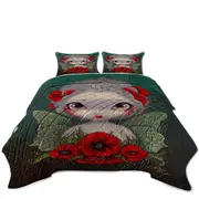 Lovely Big Eyed Fairy Portrait with Red Poppies Coverlet