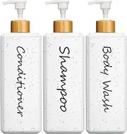 GMISUN Shampoo and Conditioner Dispenser, Refillable White Shampoo and Conditioner Bottles with Bamboo Pump, Modern Bathroom Shower Bottles Set for Shampoo Conditioner Body Wash, 3 Pack