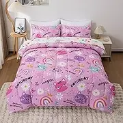 Btargot Twin Pink Cartoon Cat Reversible Comforter Set for Boys Girls Kids, 5 Pieces Rainbow Flowers Sun Painting Bedding Set