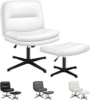 ALFORDSON Armless Criss-Cross Desk Chair with Ottoman Stool, Ergonomic Cross-Legged Office Chair with Mid-Back Design, Tilt & Height Adjust and Swivel, 180kg Max, Pax White