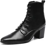 [Generic] Party Ankle Boot for Men High Top Casual Shoes Side Zipper Genuine Leather Lace up Middle Heel Pointed Toe