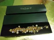Sarah Coventry Bracelet Signed Poodles Aurora Borealis Stone Pearls New In Box